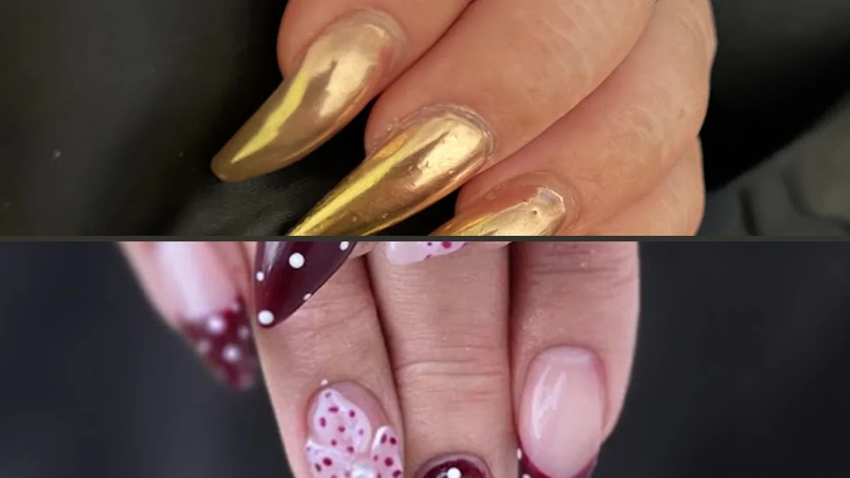 Manicured hands showing glossy nail designs.