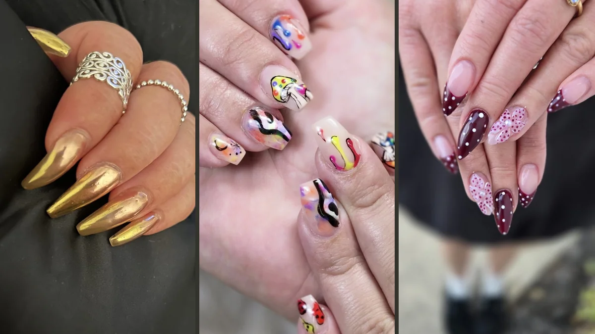 Manicured hands showing glossy nail designs.